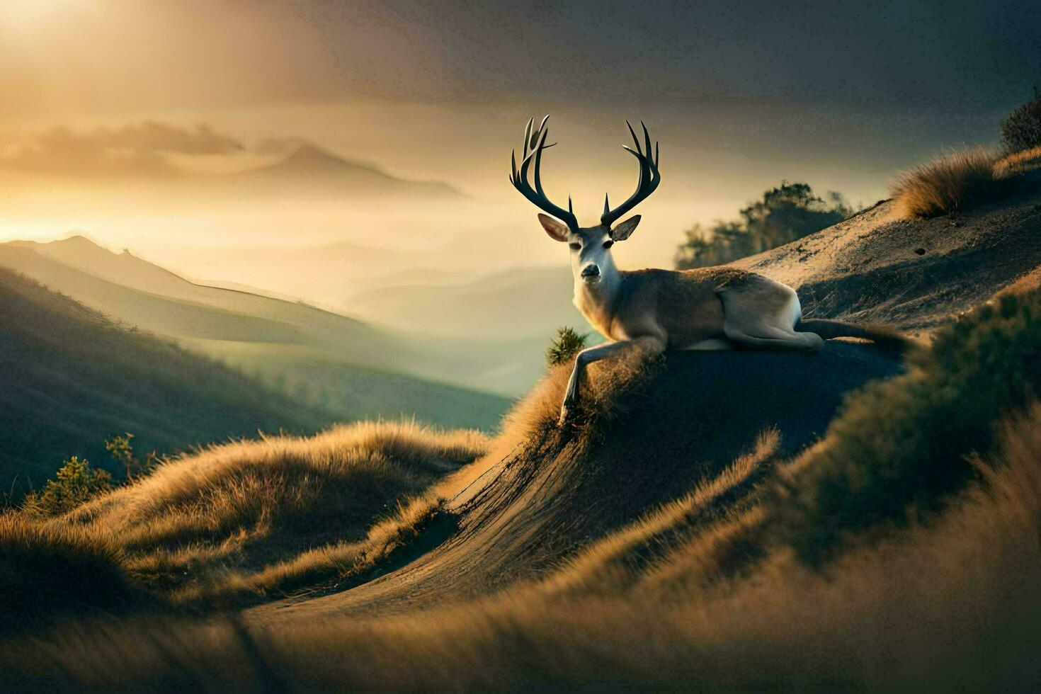 een hert zit Aan een heuvel in de bergen. ai-gegenereerd foto