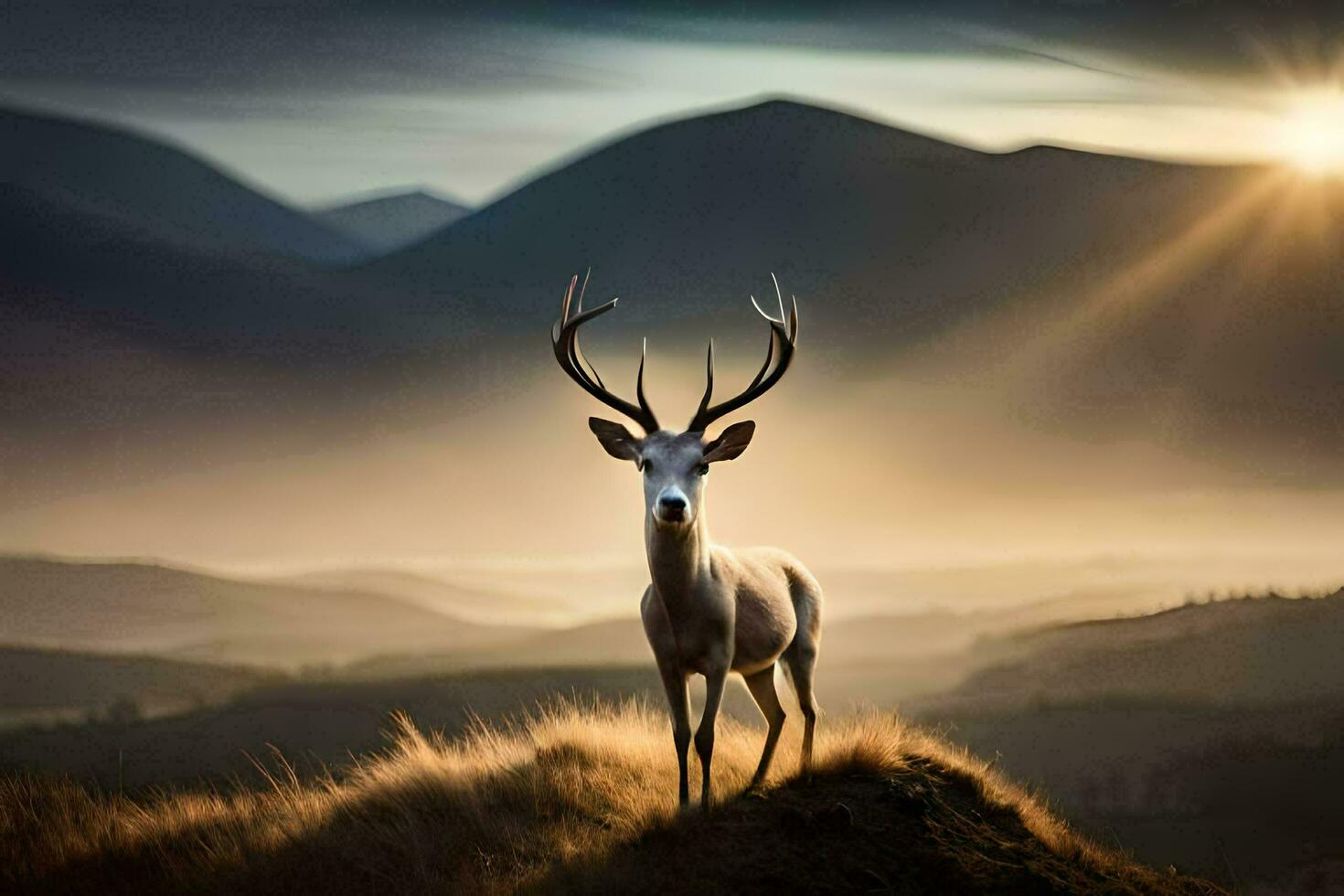 een hert staat Aan een heuvel in voorkant van een berg. ai-gegenereerd foto