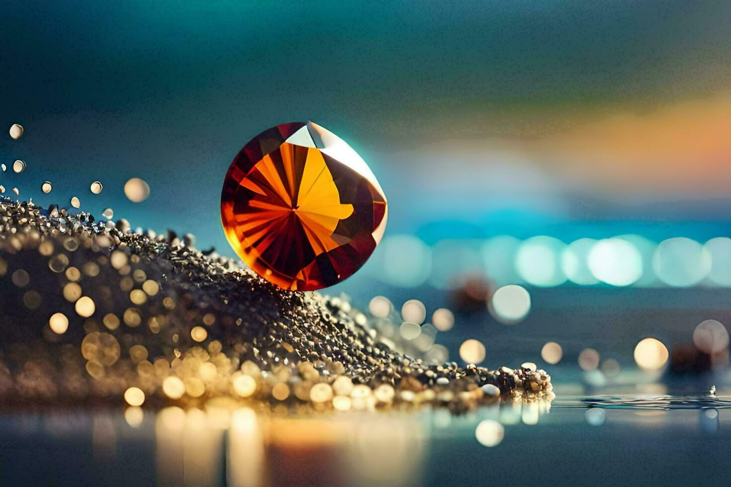 een diamant is zittend Aan de zand met bubbels. ai-gegenereerd foto