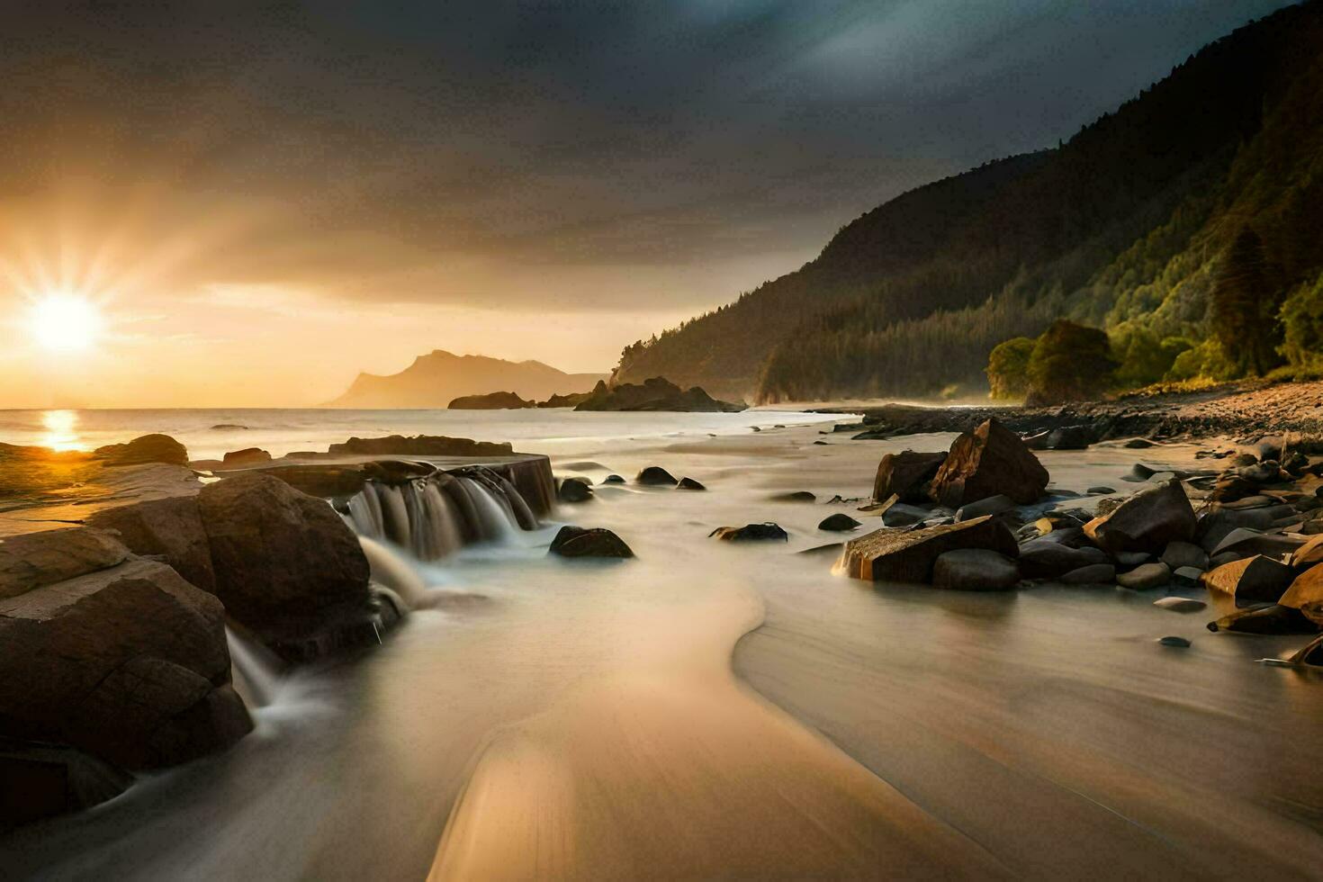 een zonsondergang over- de oceaan met rotsen en water. ai-gegenereerd foto