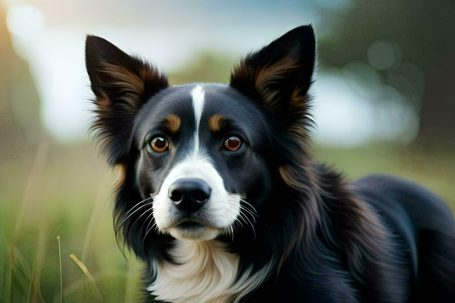 een zwart en wit hond is staand in de gras. ai-gegenereerd foto