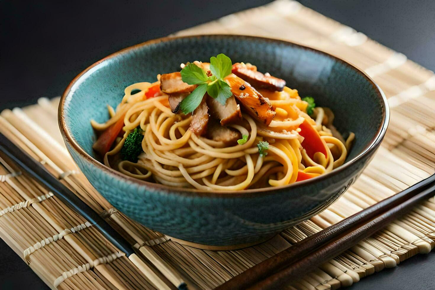 Chinese noedels in een kom met eetstokjes Aan een bamboe mat. ai-gegenereerd foto