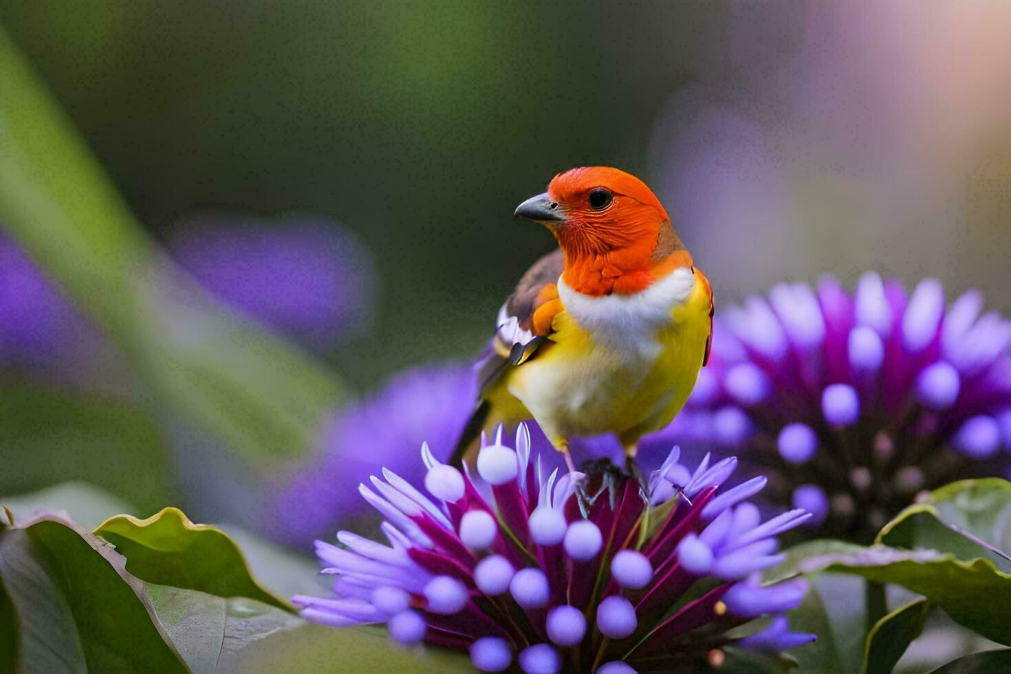 een klein vogel is neergestreken Aan een Purper bloem. ai-gegenereerd foto