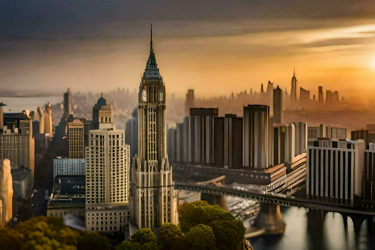 een stad horizon met hoog gebouwen en een rivier. ai-gegenereerd foto