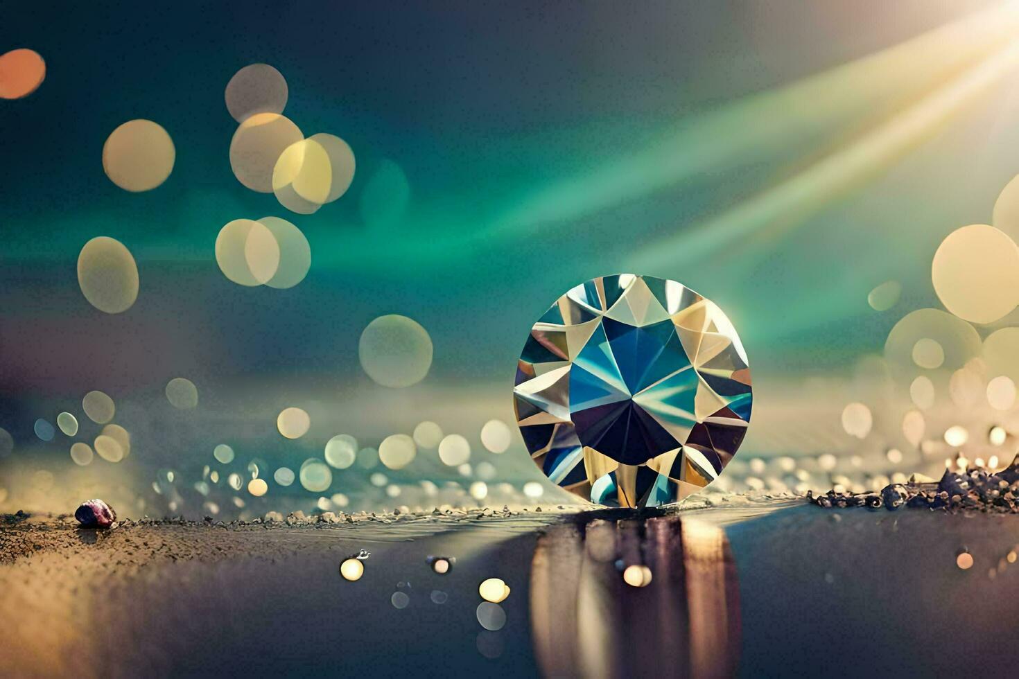 een diamant is zittend Aan een tafel met bokeh. ai-gegenereerd foto