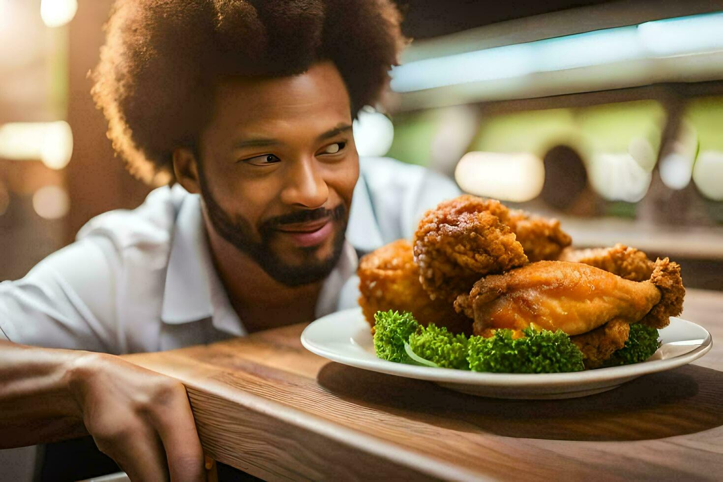 een Mens met afro haar- is glimlachen terwijl Holding een bord van gebakken kip. ai-gegenereerd foto