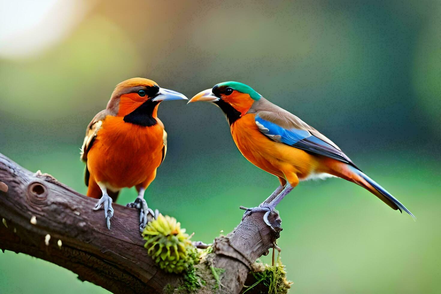 twee kleurrijk vogelstand zittend Aan een Afdeling. ai-gegenereerd foto