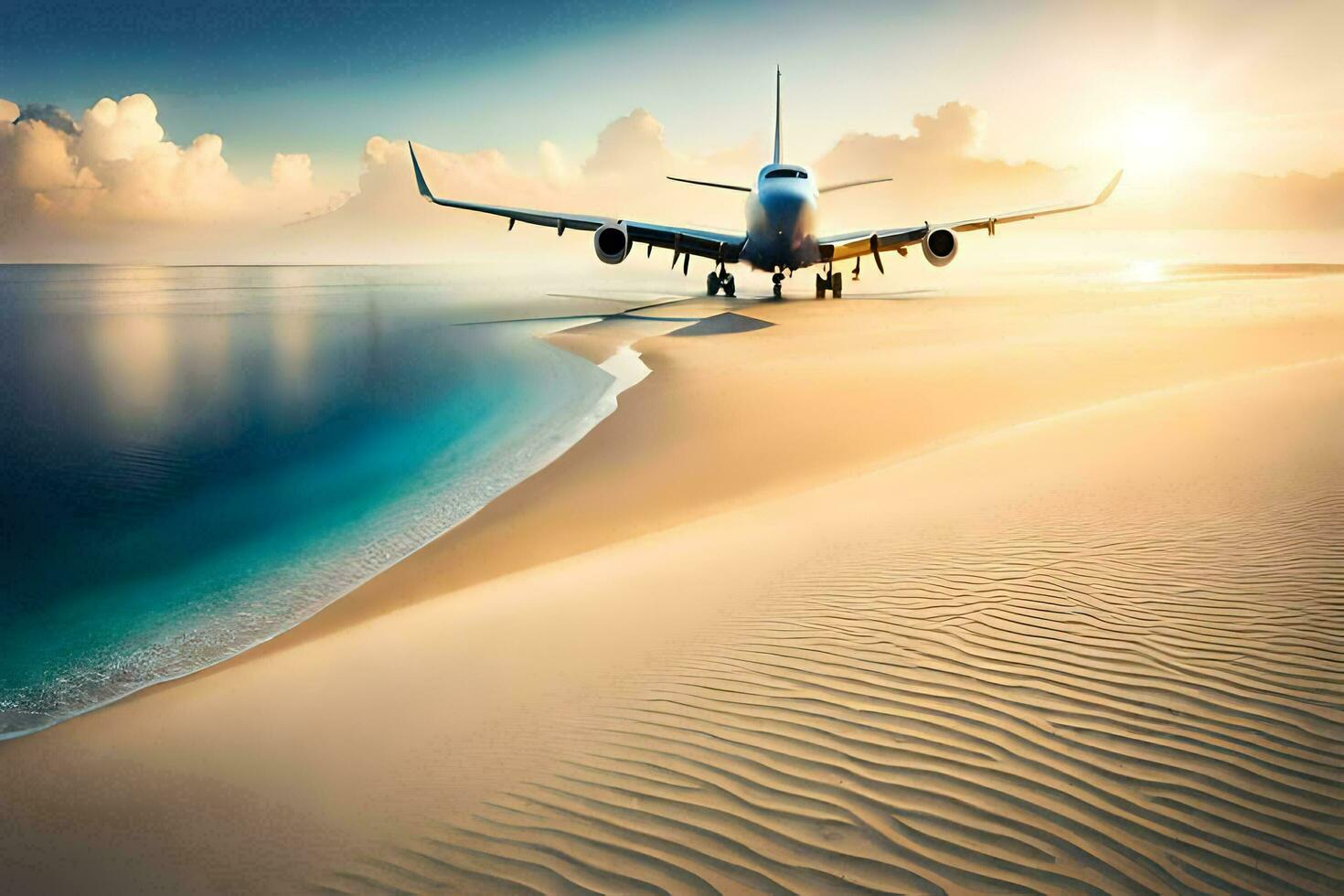 de vlak is landen Aan de strand. ai-gegenereerd foto