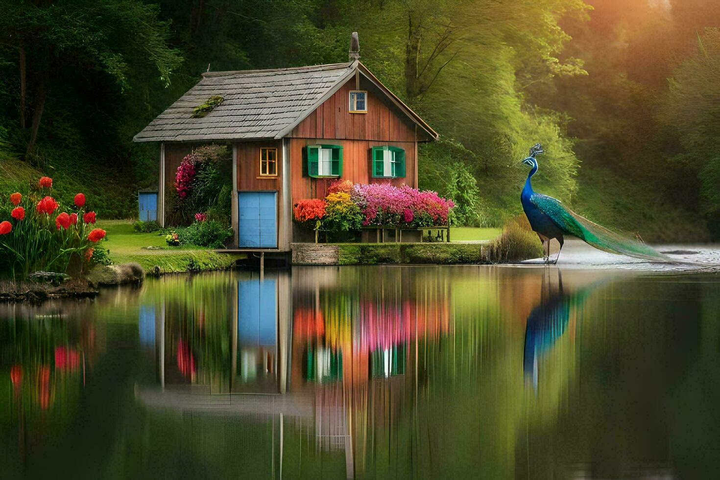 een Pauw staat in voorkant van een huis Aan de water. ai-gegenereerd foto