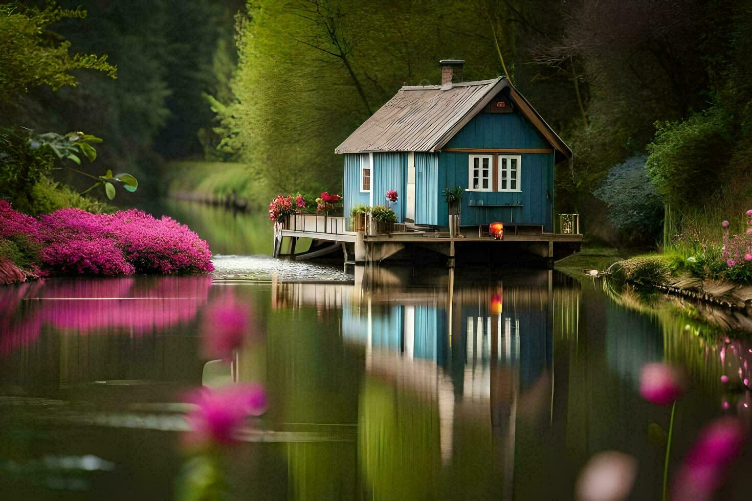 een klein huis Aan een klein boot in de midden- van een rivier. ai-gegenereerd foto