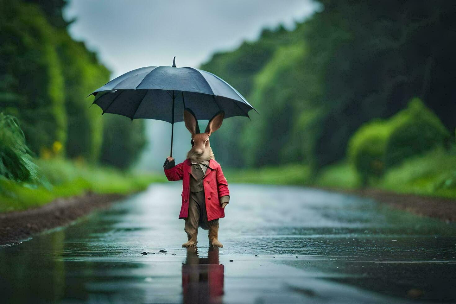 een konijn in een rood jas Holding een paraplu. ai-gegenereerd foto