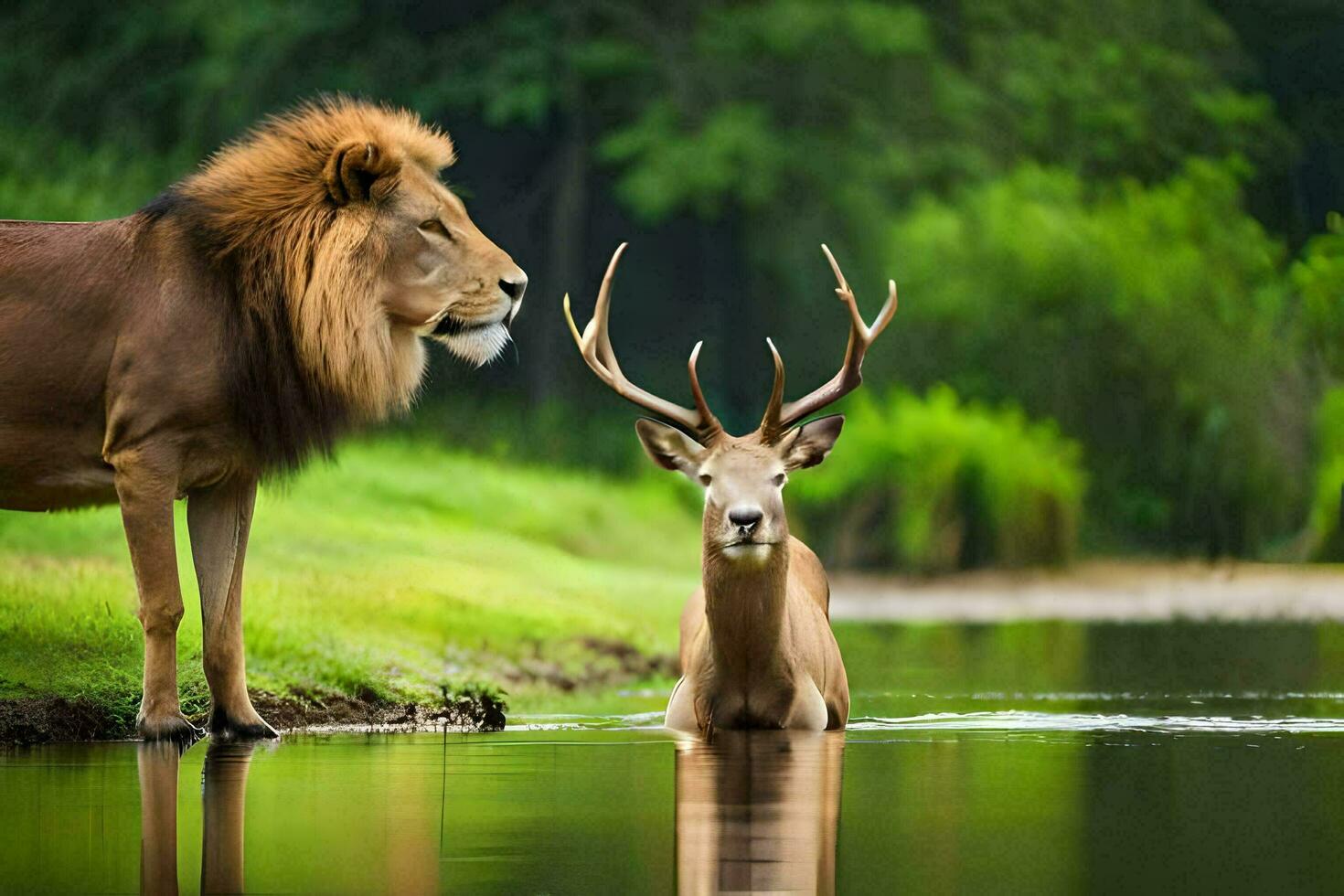 een leeuw en een hert in de water. ai-gegenereerd foto