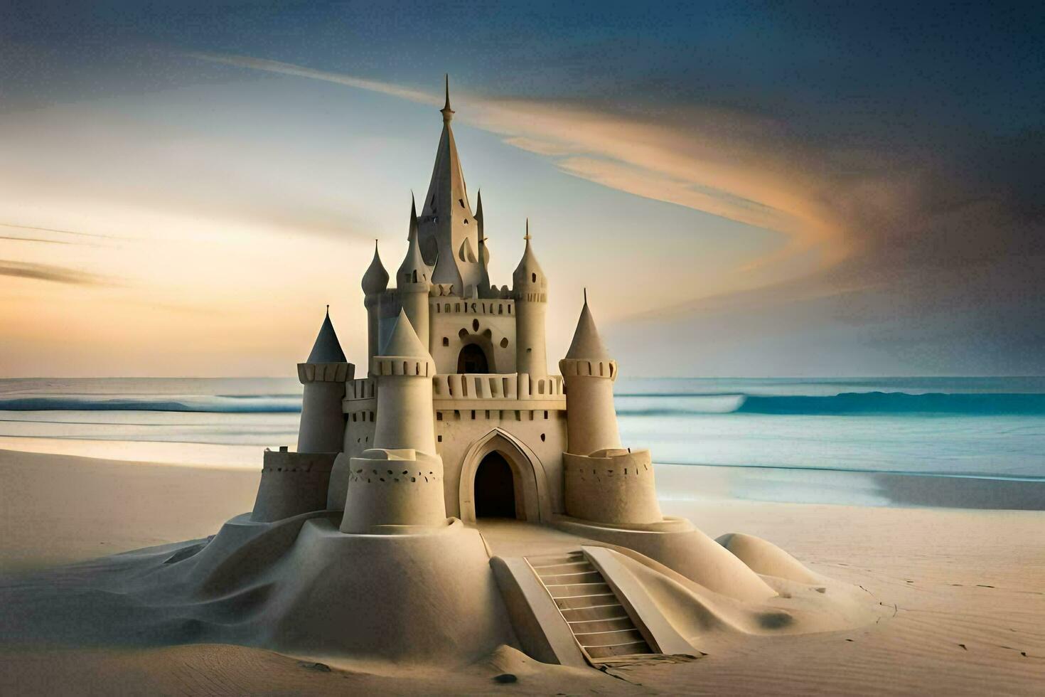 een zand kasteel Aan de strand Bij zonsondergang. ai-gegenereerd foto