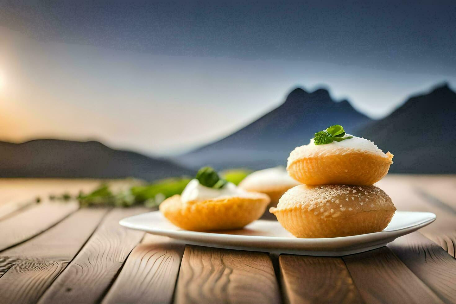 drie gebakjes Aan een bord met bergen in de achtergrond. ai-gegenereerd foto