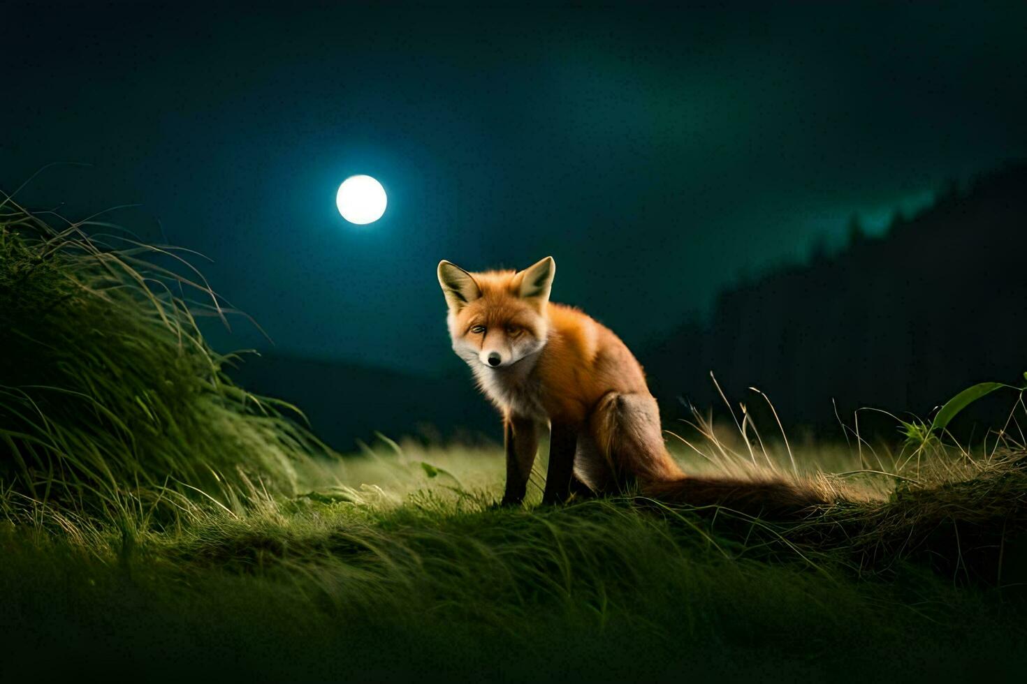 een vos zit in de gras Bij nacht met een vol maan in de achtergrond. ai-gegenereerd foto