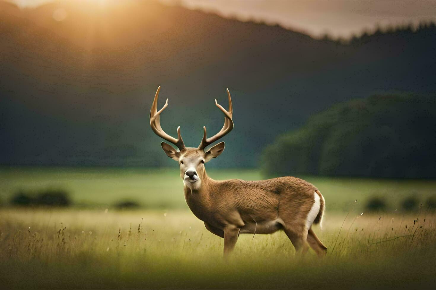 een hert is staand in een veld- met de zon instelling achter het. ai-gegenereerd foto