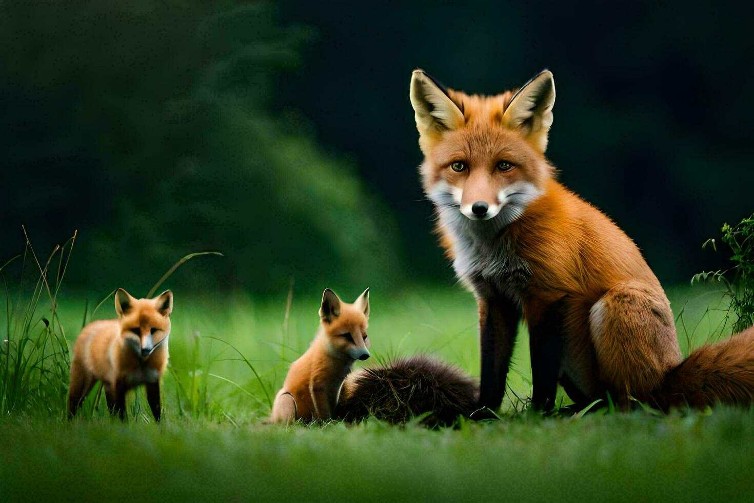 een vos familie in de gras. ai-gegenereerd foto