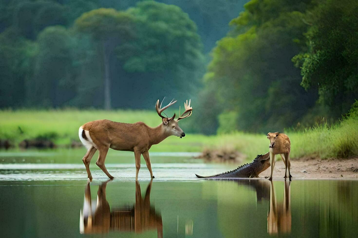 een hert en een baby alligator in de water. ai-gegenereerd foto