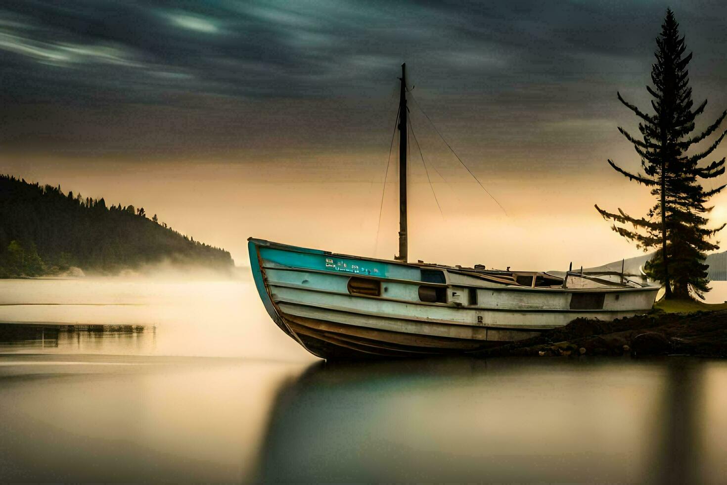 een boot zit Aan de kust van een meer Bij zonsopkomst. ai-gegenereerd foto