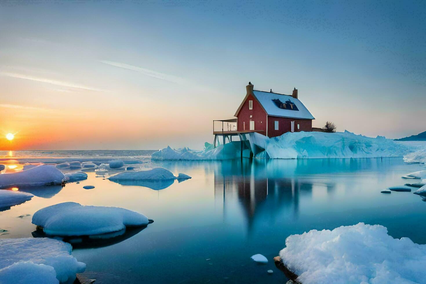 een rood huis zit Aan top van een ijsberg in de midden- van de oceaan. ai-gegenereerd foto