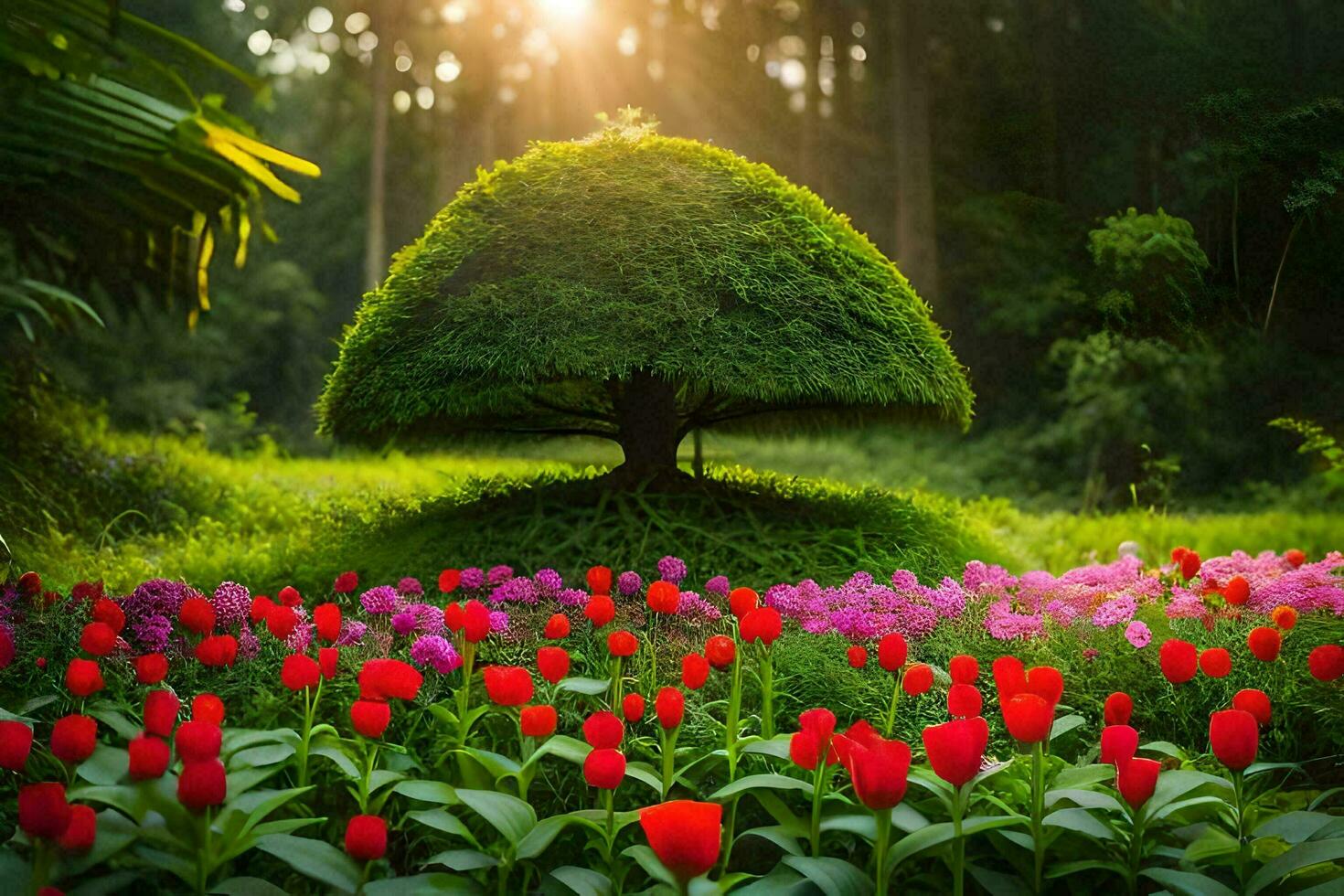 een boom met een klein boom in de midden- van een veld- van bloemen. ai-gegenereerd foto