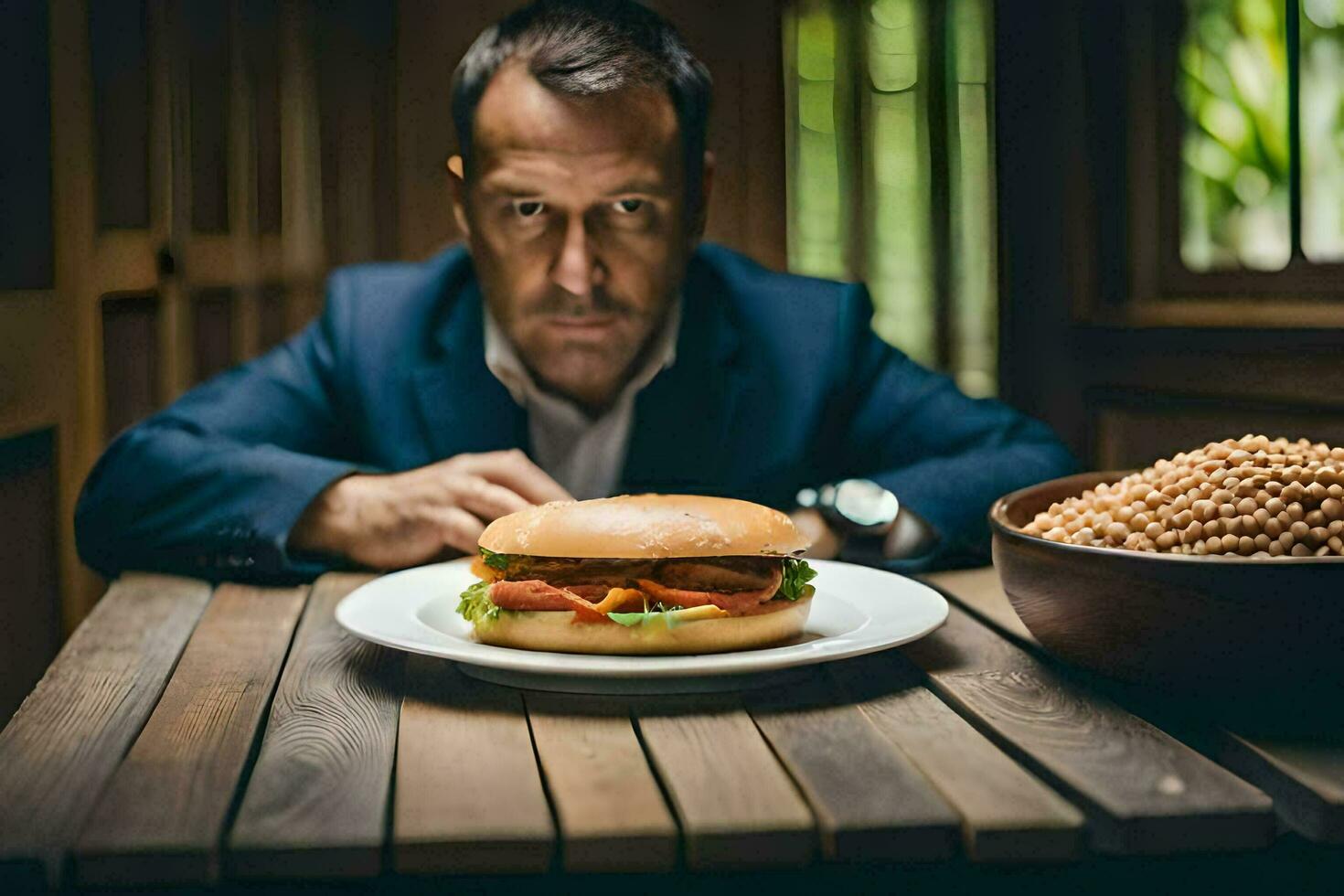 een Mens in een pak is zittend Bij een tafel met een bord van voedsel. ai-gegenereerd foto