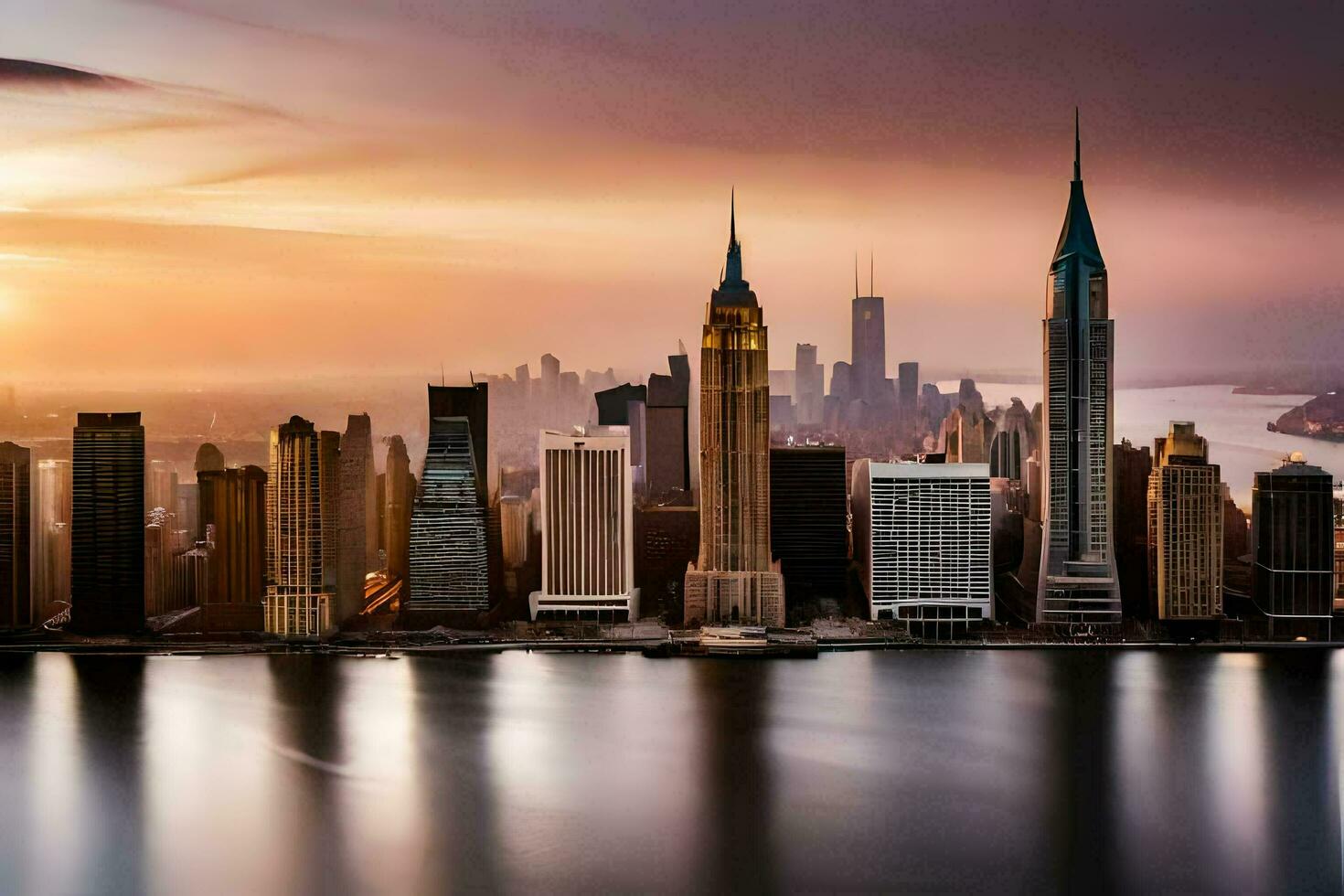 de nieuw york horizon Bij zonsondergang. ai-gegenereerd foto