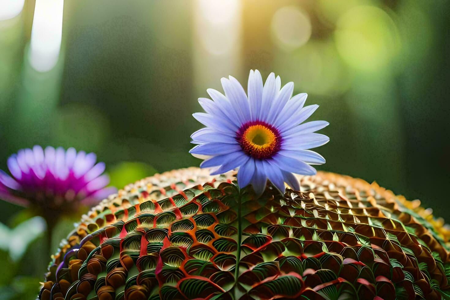 een bloem is zittend Aan top van een groot fabriek. ai-gegenereerd foto