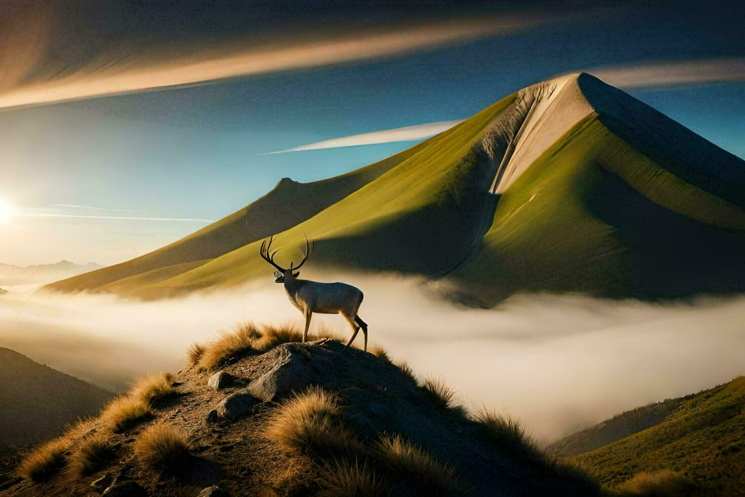 de hert is staand Aan de top van een berg met de zon stijgende lijn achter het. ai-gegenereerd foto