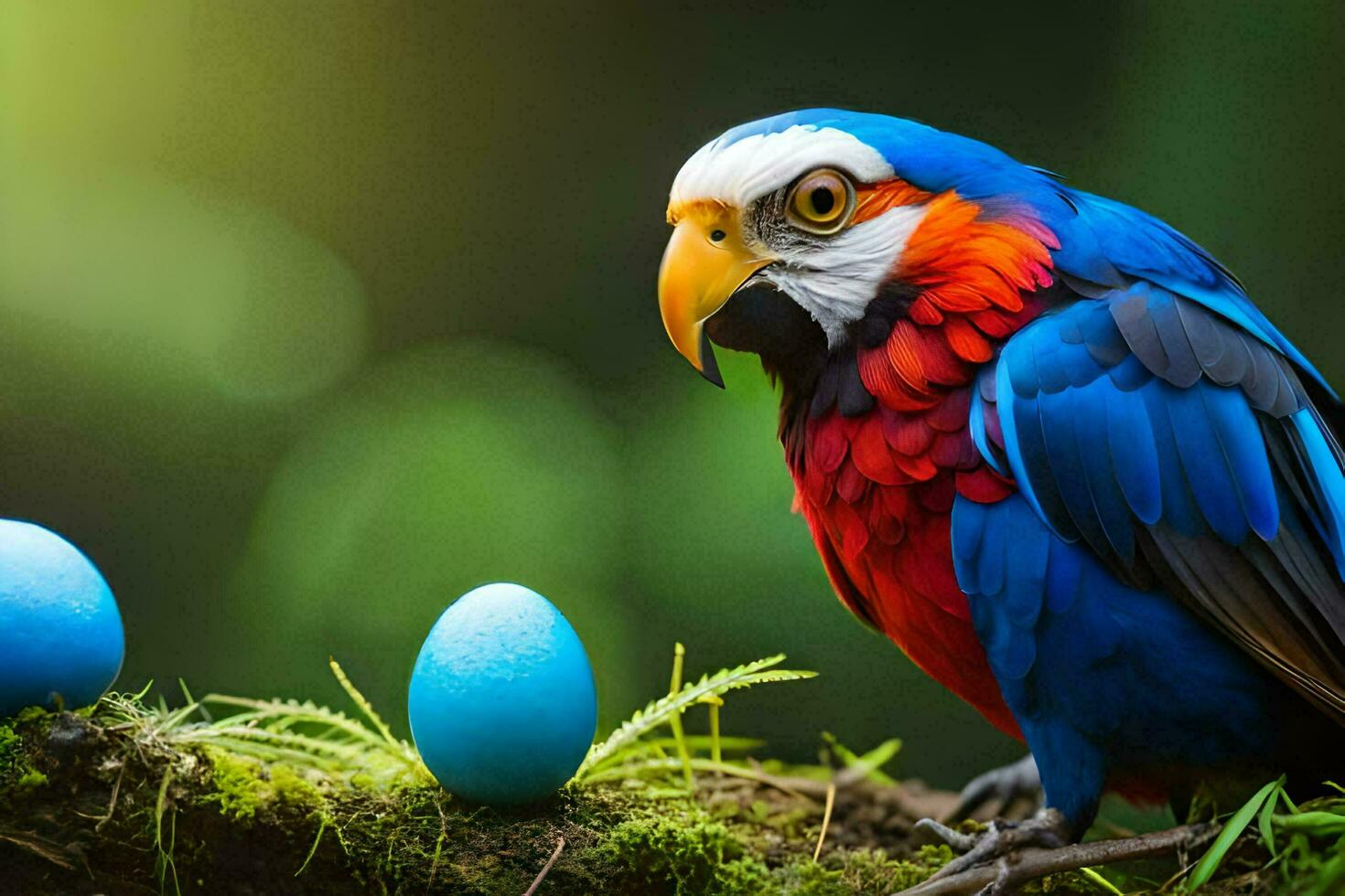 een kleurrijk papegaai zit Aan een Afdeling De volgende naar blauw eieren. ai-gegenereerd foto