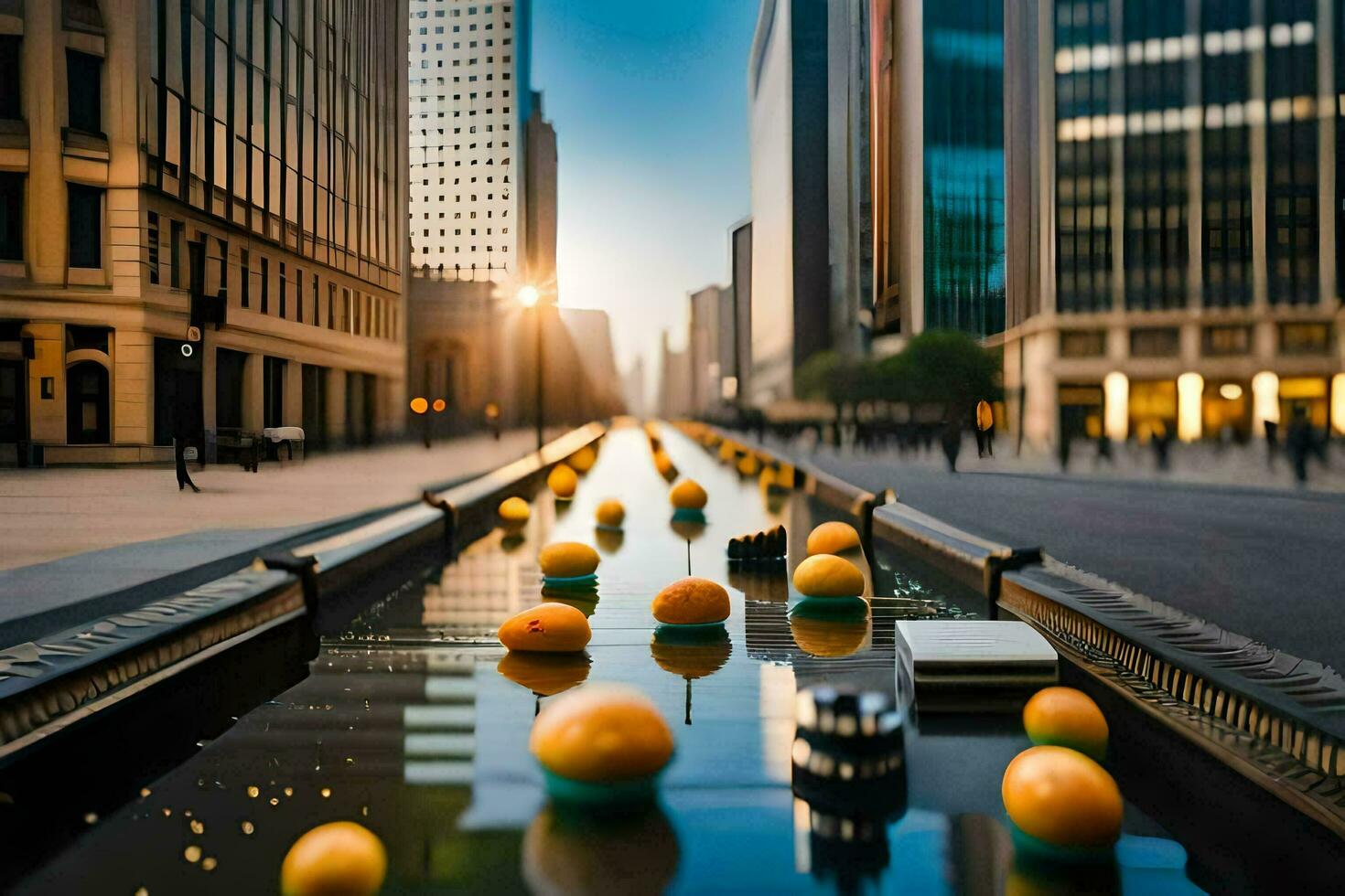 oranje schillen Aan een waterweg in een stad. ai-gegenereerd foto