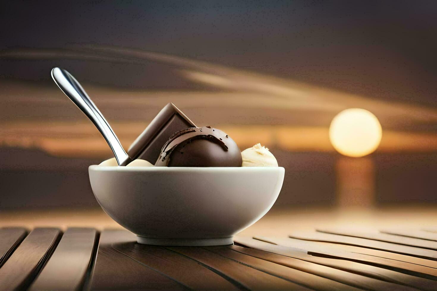 chocola ijs room in een kom met een lepel. ai-gegenereerd foto