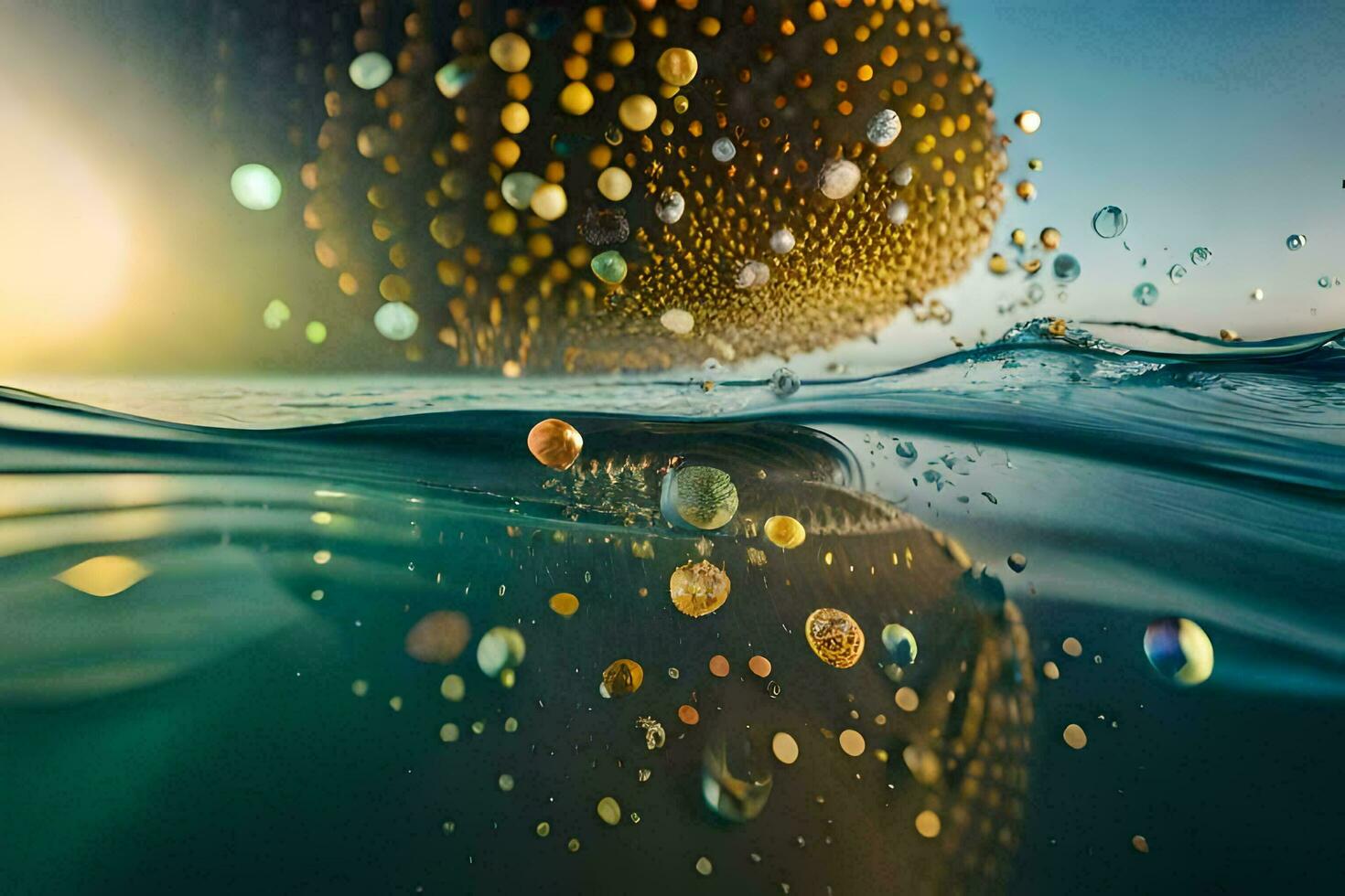 een groot bal van bubbels drijvend in de oceaan. ai-gegenereerd foto