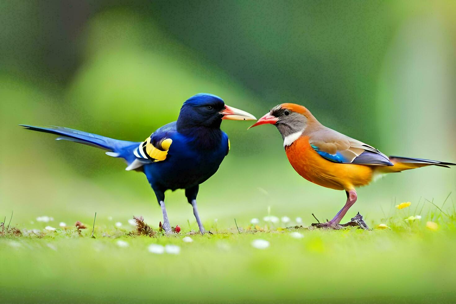 twee vogelstand staand Aan de gras met hun snavels open. ai-gegenereerd foto