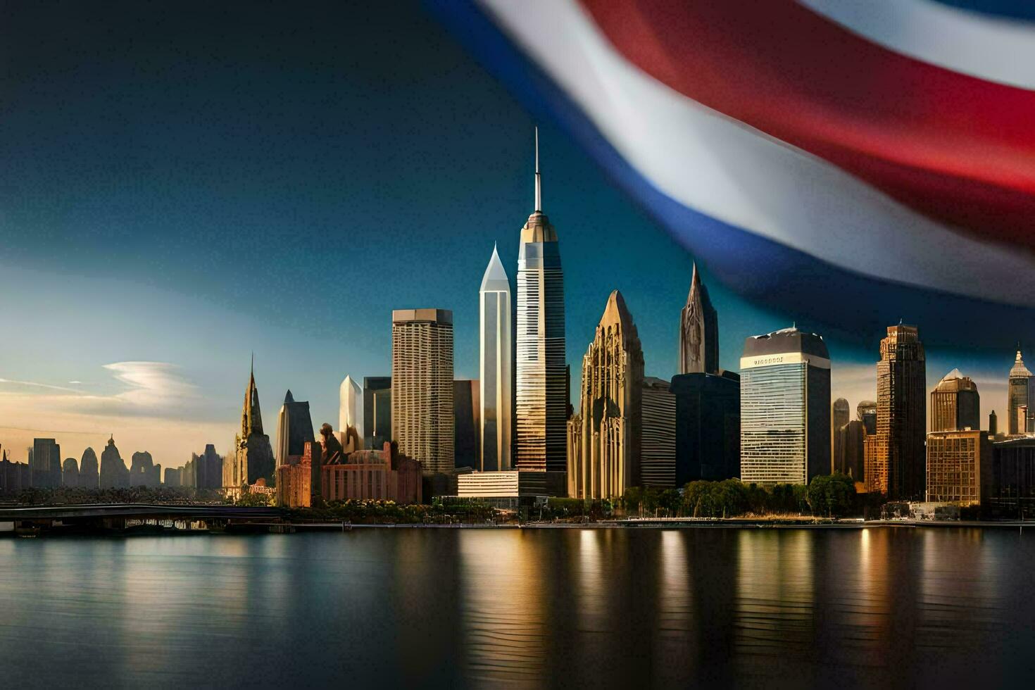 de stad horizon met de vlag van de Verenigde staten. ai-gegenereerd foto