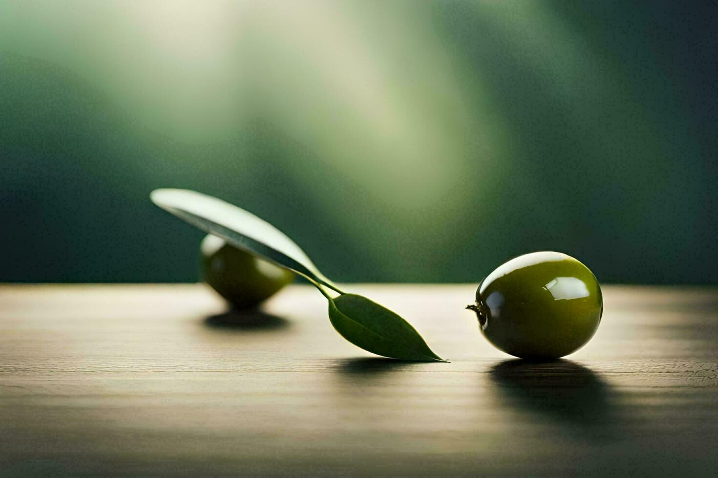 twee groen olijven Aan een houten tafel met een blad. ai-gegenereerd foto