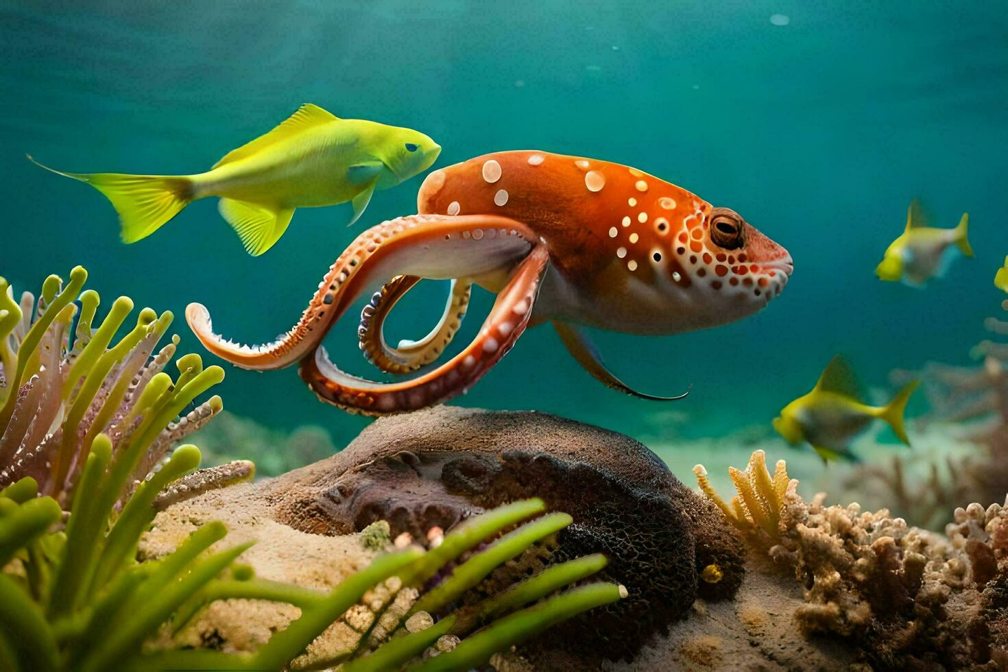 een Octopus en een vis zwemmen in de oceaan. ai-gegenereerd foto