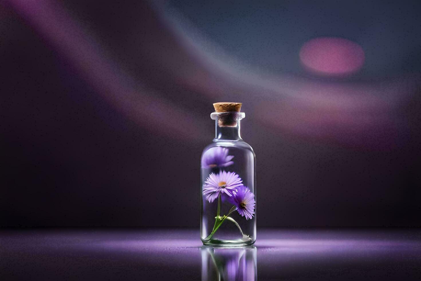 Purper bloemen in een glas fles Aan een tafel. ai-gegenereerd foto