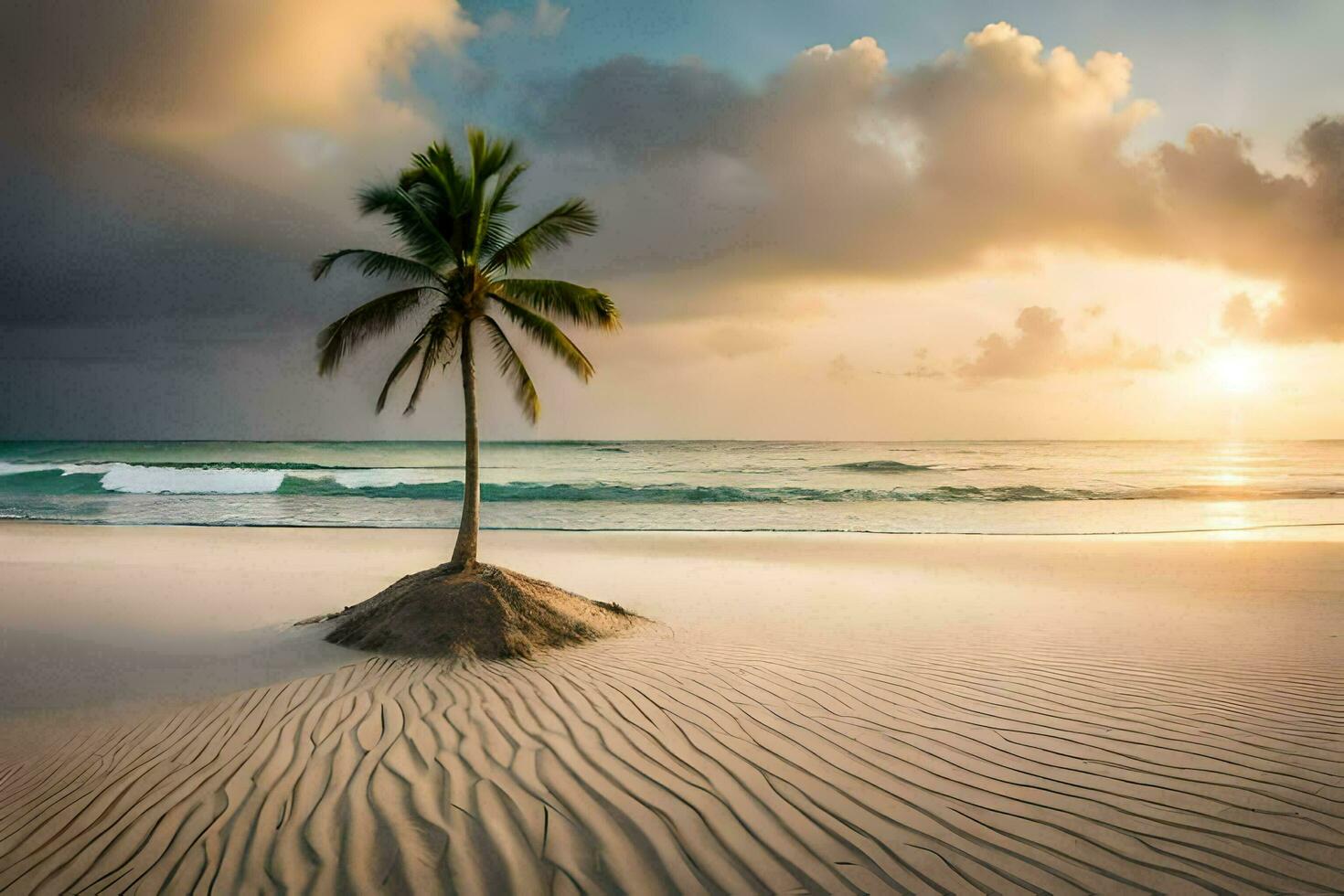 een eenzaam palm boom staat Aan een zanderig strand Bij zonsondergang. ai-gegenereerd foto