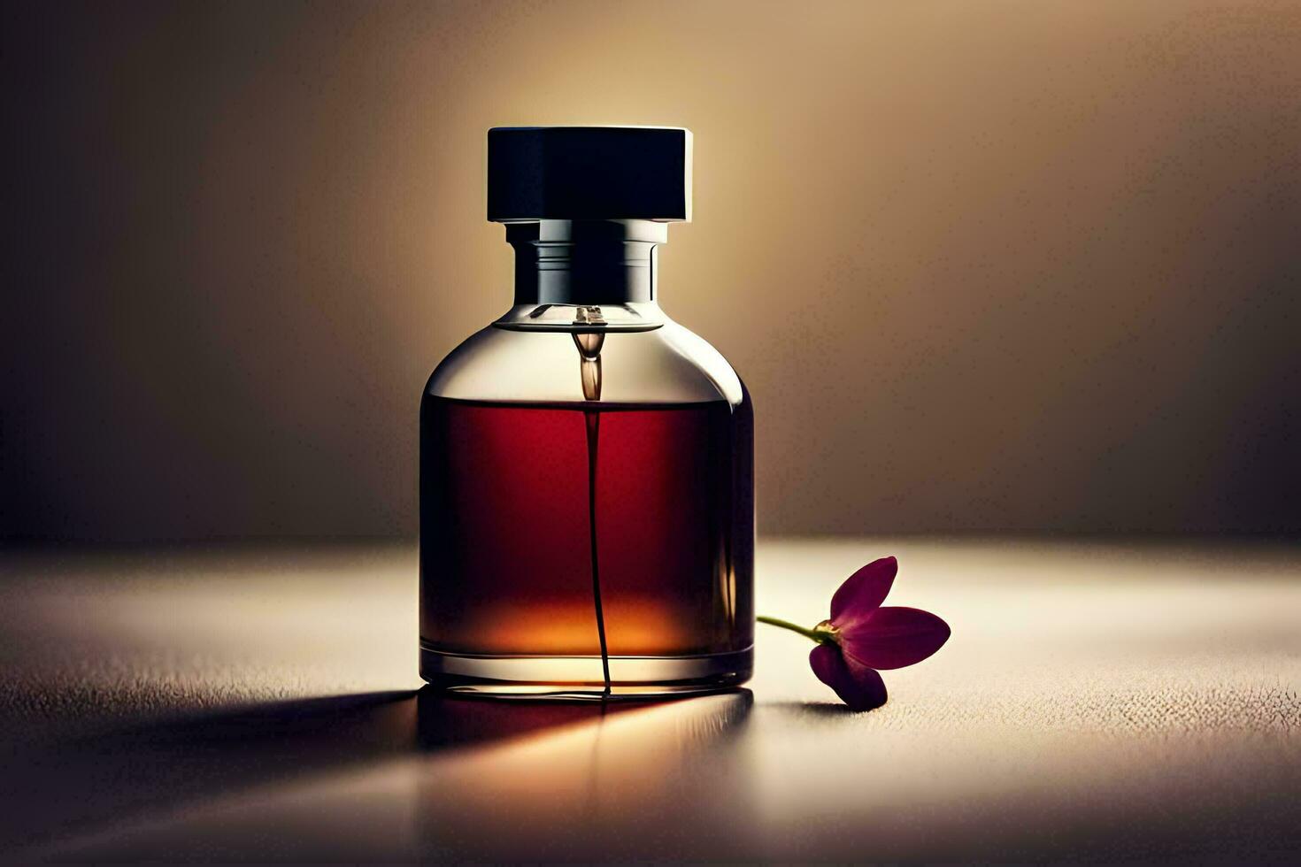 een fles van parfum met een bloem Aan de tafel. ai-gegenereerd foto