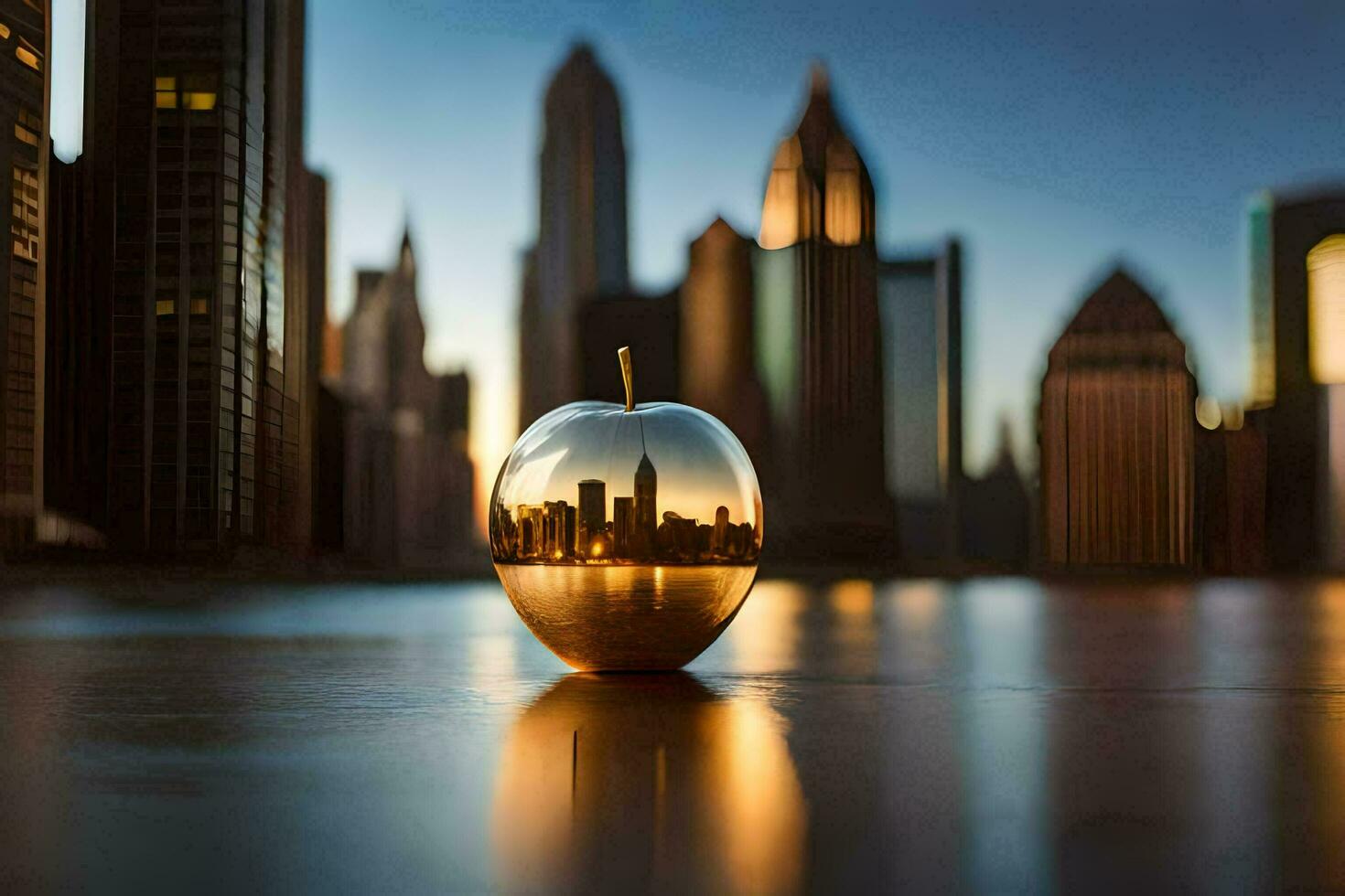 een appel met een stad horizon in de reflectie. ai-gegenereerd foto