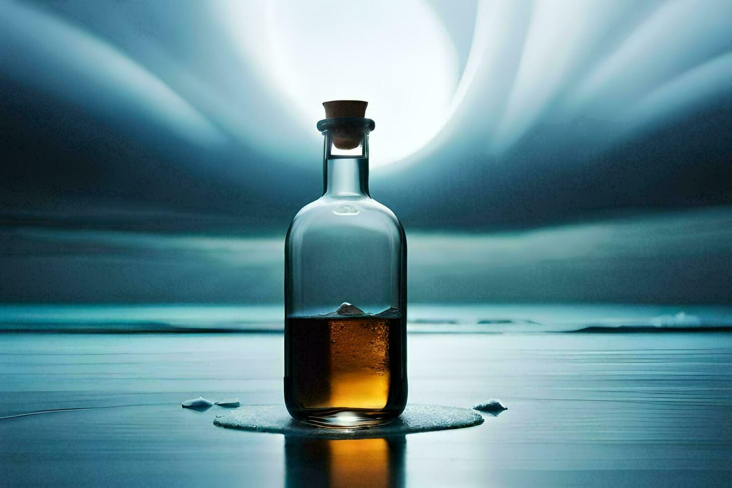 een fles van whisky Aan de strand. ai-gegenereerd foto