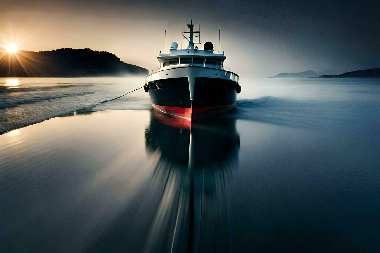 een boot op reis Aan de oceaan Bij zonsondergang. ai-gegenereerd foto