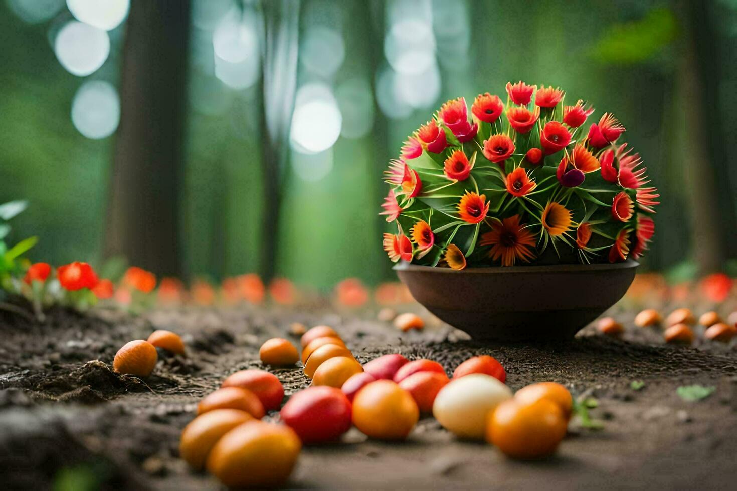 een klein fabriek in een kom omringd door oranje en geel bloemen. ai-gegenereerd foto