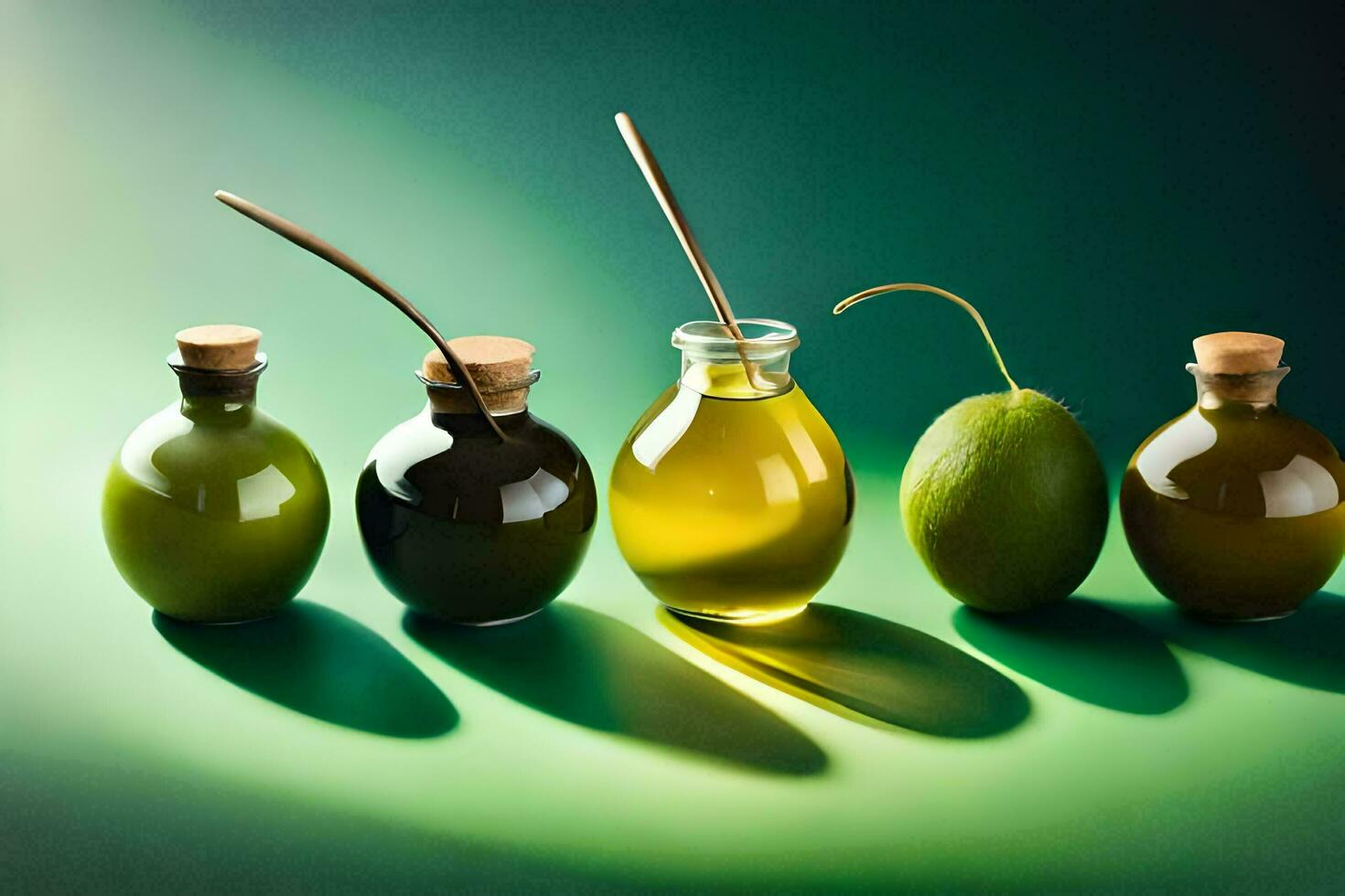 vijf flessen van olijf- olie met verschillend types van fruit. ai-gegenereerd foto