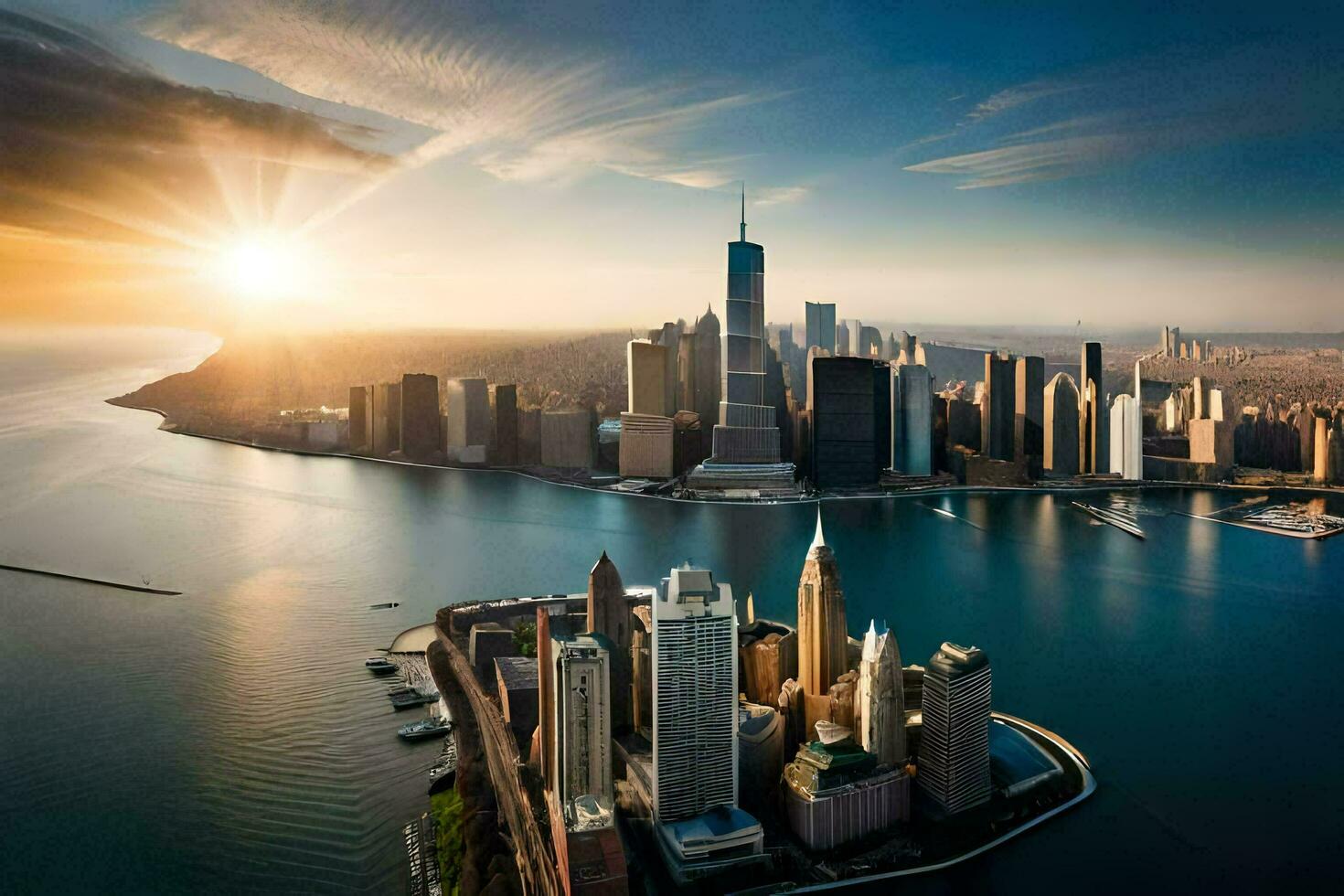 de zon stijgt over- de stad horizon in nieuw york. ai-gegenereerd foto