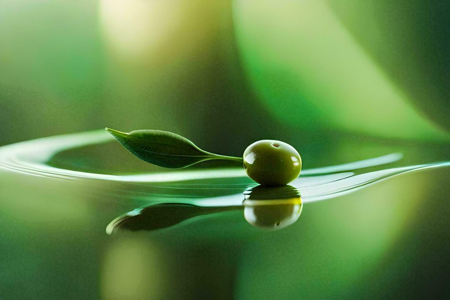 een single olijf- is drijvend in water met een groen blad. ai-gegenereerd foto