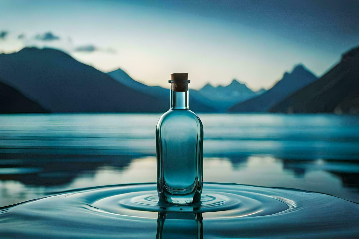 een fles van water zit Aan de rand van een meer met bergen in de achtergrond. ai-gegenereerd foto
