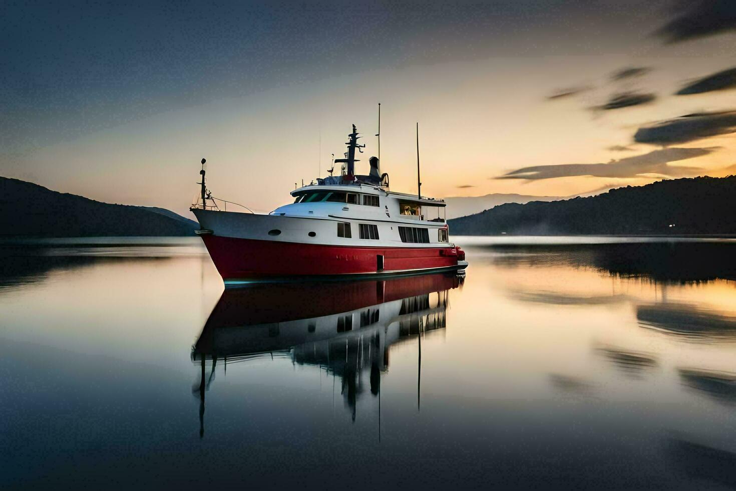 een rood en wit boot is aangemeerd in de water. ai-gegenereerd foto