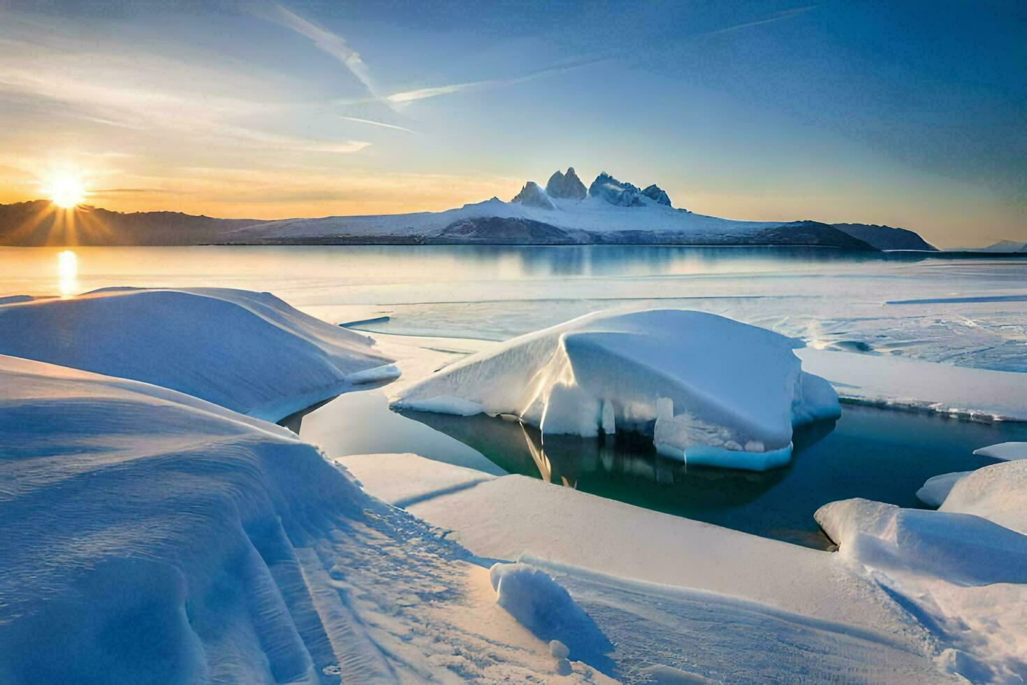 de zon stijgt over- een bevroren meer en ijsbergen. ai-gegenereerd foto